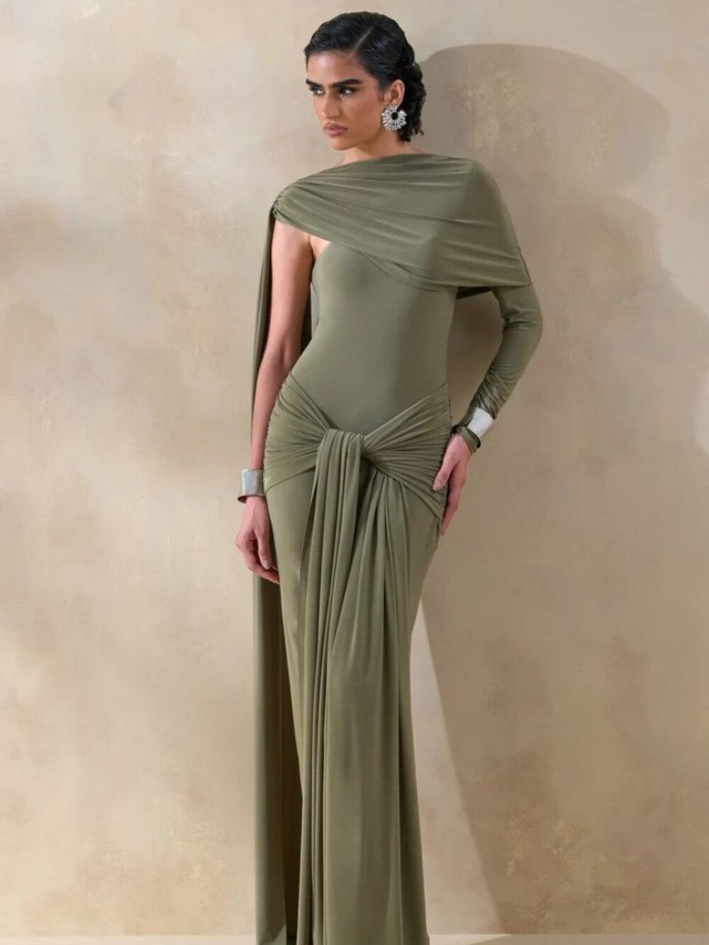 Club L London "Trisara" Olive Asymmetric Maxi Dress - EUC